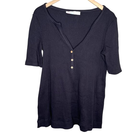 Free People Beach Ribbed Black Over Sized Henley Top Size Med - Picture 1 of 8